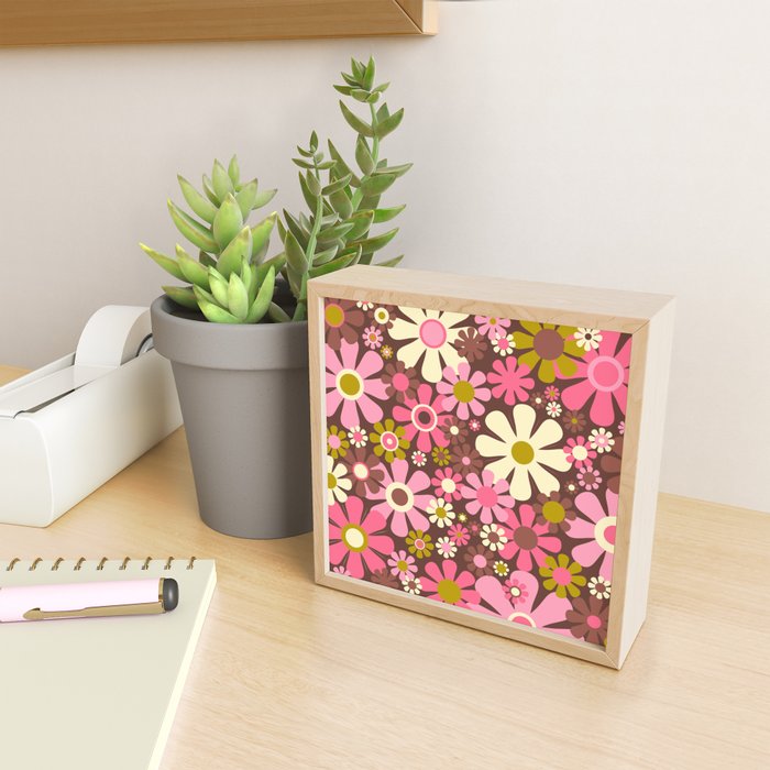 60s 70s Retro Floral Garden Cheerful Flower Pattern in Brown Pink Avocado Mini Art Print Gallery Image 2