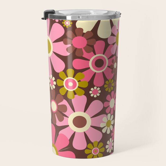 60s 70s Retro Floral Garden Cheerful Flower Pattern in Brown Pink Avocado Travel Mug Gallery Image 3