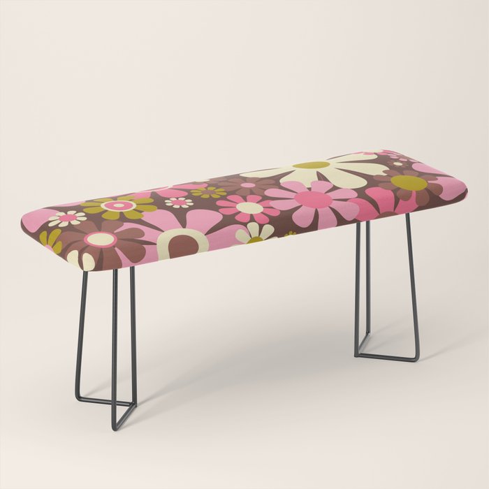 60s 70s Retro Floral Garden Cheerful Flower Pattern in Brown Pink Avocado Bench Gallery Image 1