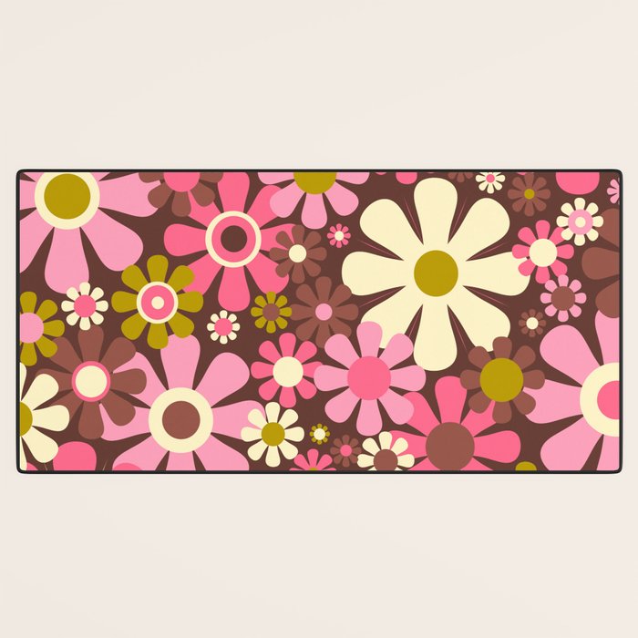 60s 70s Retro Floral Garden Cheerful Flower Pattern in Brown Pink Avocado Desk Mat Gallery Image 3