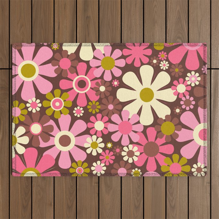 60s 70s Retro Floral Garden Cheerful Flower Pattern in Brown Pink Avocado Outdoor Rug Gallery Image 1