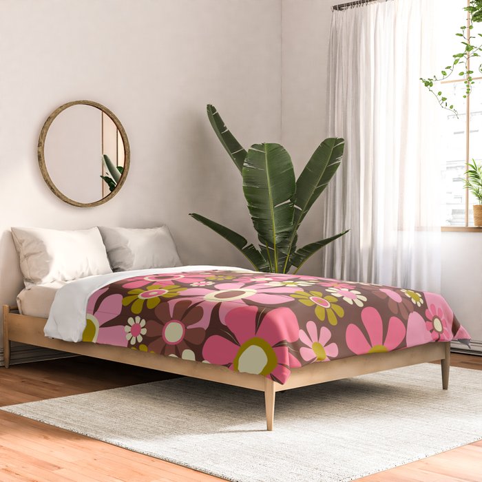 60s 70s Retro Floral Garden Cheerful Flower Pattern in Brown Pink Avocado Comforter Gallery Image 2