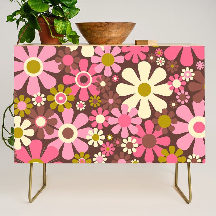 60s 70s Retro Floral Garden Cheerful Flower Pattern in Brown Pink Avocado Credenza Gallery Image 1