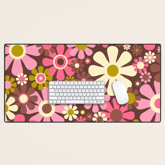 60s 70s Retro Floral Garden Cheerful Flower Pattern in Brown Pink Avocado Desk Mat Gallery Image 1