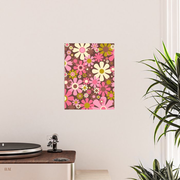 60s 70s Retro Floral Garden Cheerful Flower Pattern in Brown Pink Avocado Poster Gallery Image 2