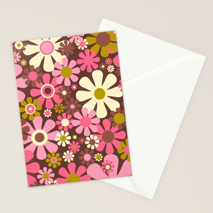60s 70s Retro Floral Garden Cheerful Flower Pattern in Brown Pink Avocado Stationery Card Gallery Image 2
