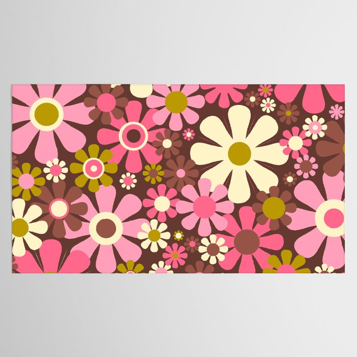 60s 70s Retro Floral Garden Cheerful Flower Pattern in Brown Pink Avocado Tablecloth Gallery Image 2