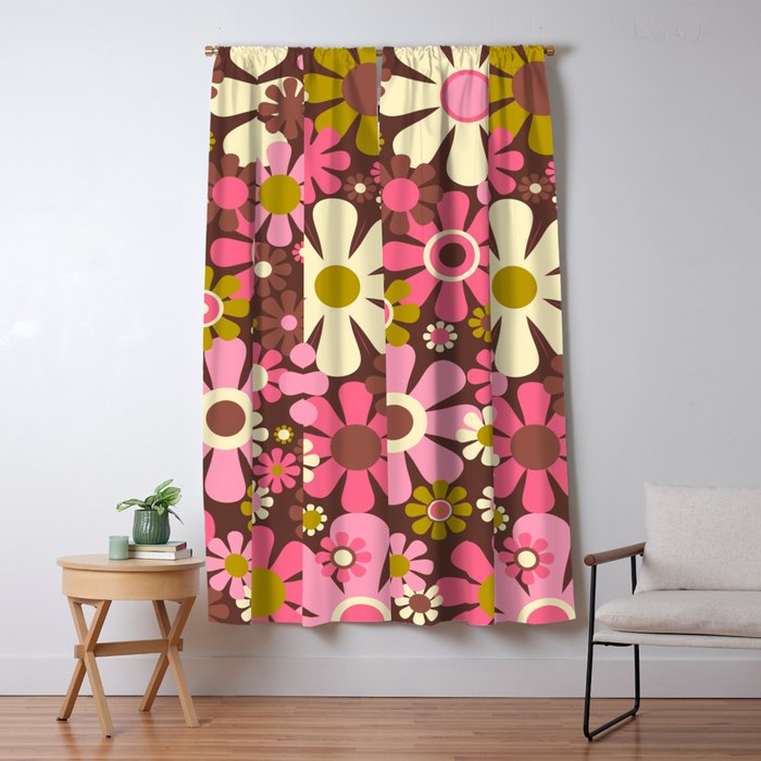 60s 70s Retro Floral Garden Cheerful Flower Pattern in Brown Pink Avocado Window Curtain Gallery Image 5
