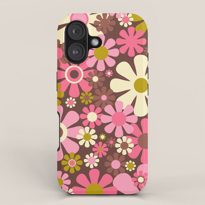 60s 70s Retro Floral Garden Cheerful Flower Pattern in Brown Pink Avocado iPhone Case Gallery Image 1