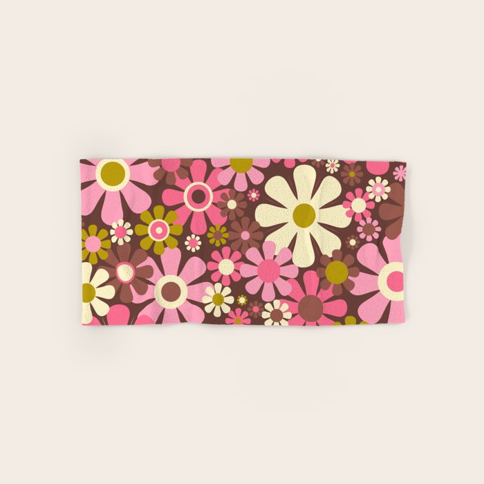 60s 70s Retro Floral Garden Cheerful Flower Pattern in Brown Pink Avocado Bath Towel Gallery Image 1