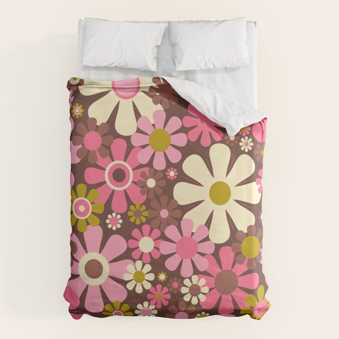 60s 70s Retro Floral Garden Cheerful Flower Pattern in Brown Pink Avocado Duvet Cover Gallery Image 6