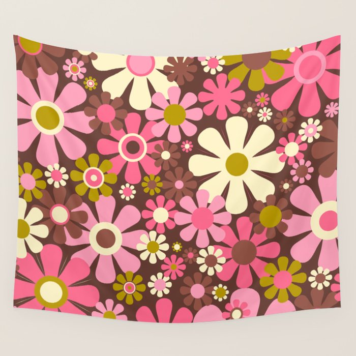 60s 70s Retro Floral Garden Cheerful Flower Pattern in Brown Pink Avocado Wall Tapestry Gallery Image 4