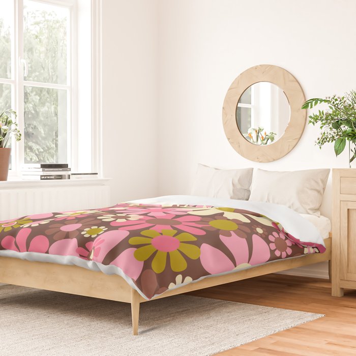 60s 70s Retro Floral Garden Cheerful Flower Pattern in Brown Pink Avocado Duvet Cover Gallery Image 2