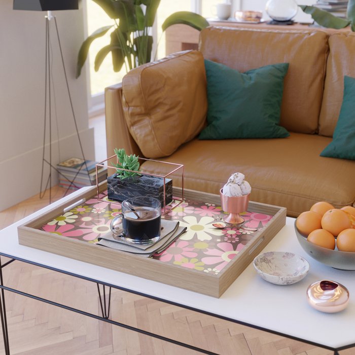 60s 70s Retro Floral Garden Cheerful Flower Pattern in Brown Pink Avocado Serving Tray Gallery Image 2