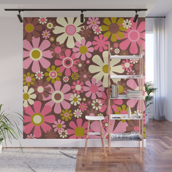 60s 70s Retro Floral Garden Cheerful Flower Pattern in Brown Pink Avocado Wall Mural Gallery Image 1