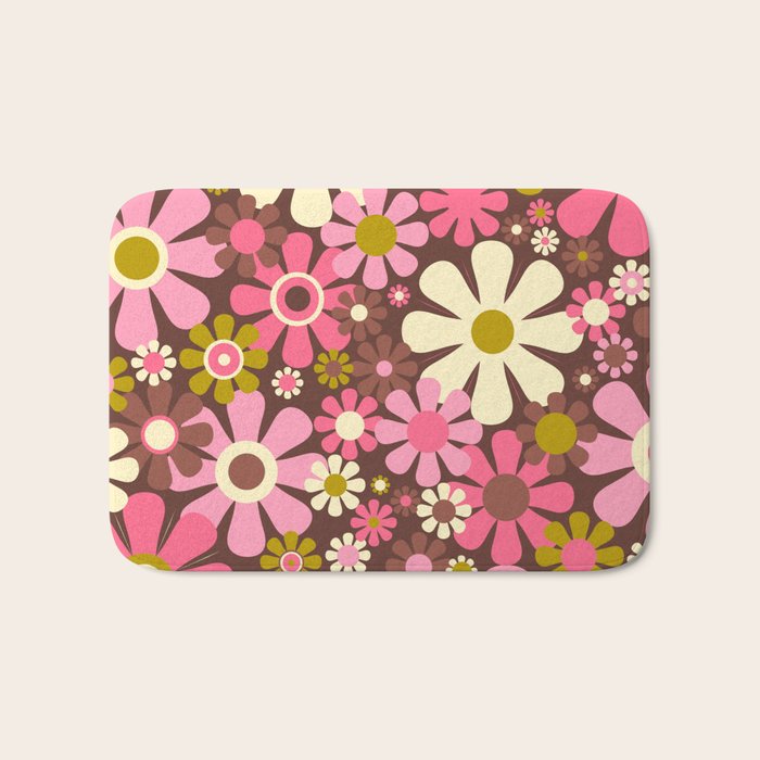 60s 70s Retro Floral Garden Cheerful Flower Pattern in Brown Pink Avocado Bath Mat Gallery Image 1