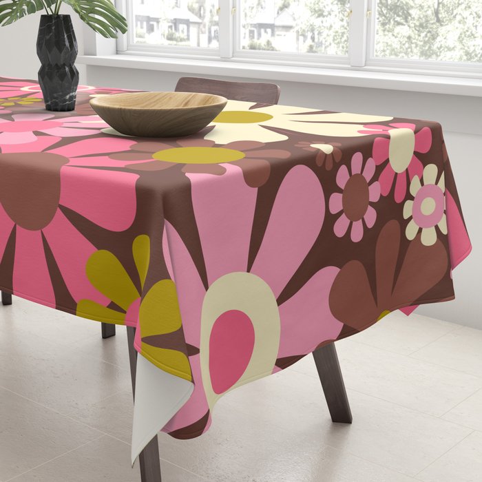 60s 70s Retro Floral Garden Cheerful Flower Pattern in Brown Pink Avocado Tablecloth Gallery Image 3