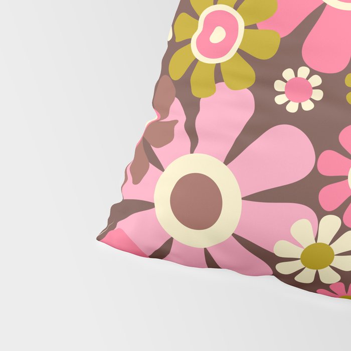 60s 70s Retro Floral Garden Cheerful Flower Pattern in Brown Pink Avocado Pillow Sham Gallery Image 4