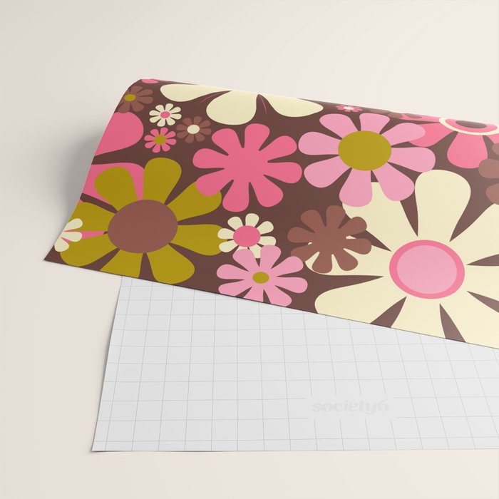 60s 70s Retro Floral Garden Cheerful Flower Pattern in Brown Pink Avocado Wrapping Paper Gallery Image 2