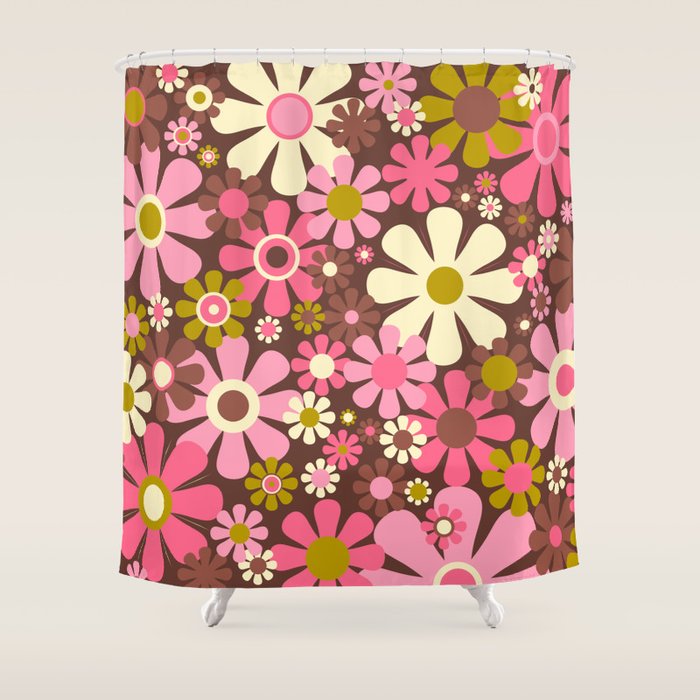 60s 70s Retro Floral Garden Cheerful Flower Pattern in Brown Pink Avocado Shower Curtain Gallery Image 1