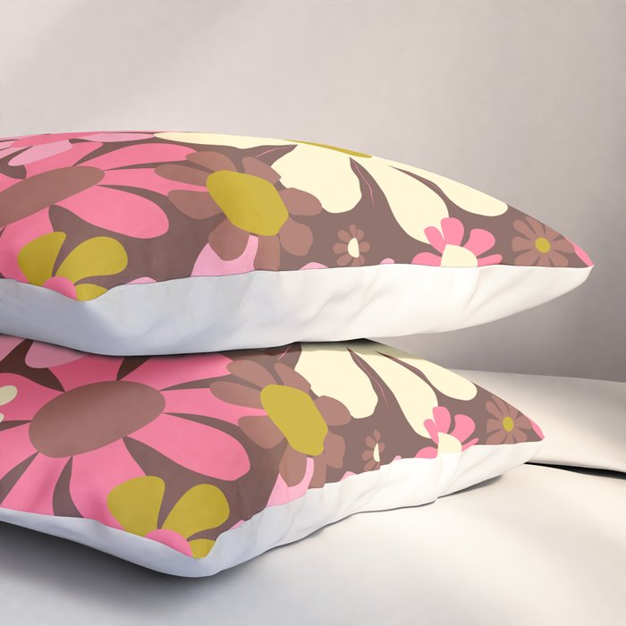 60s 70s Retro Floral Garden Cheerful Flower Pattern in Brown Pink Avocado Pillow Sham Gallery Image 3