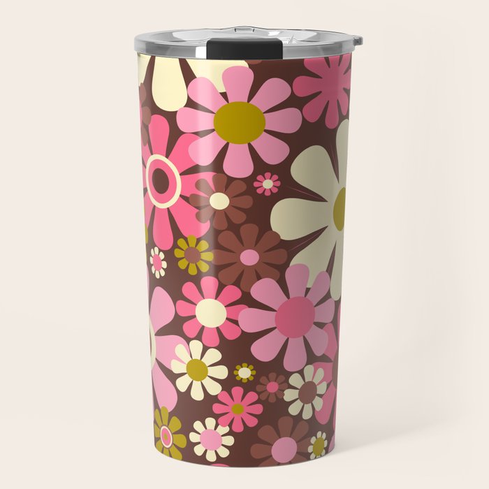 60s 70s Retro Floral Garden Cheerful Flower Pattern in Brown Pink Avocado Travel Mug Gallery Image 1
