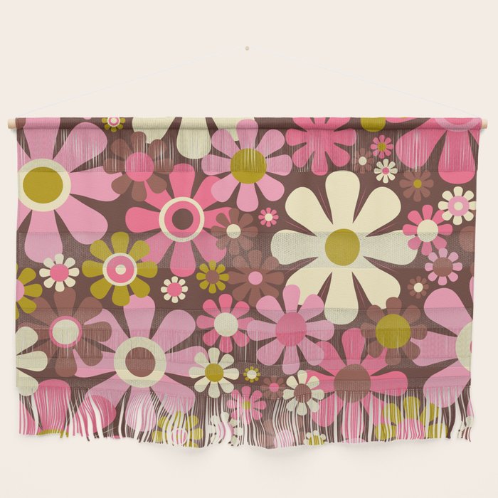 60s 70s Retro Floral Garden Cheerful Flower Pattern in Brown Pink Avocado Wall Hanging Gallery Image 1