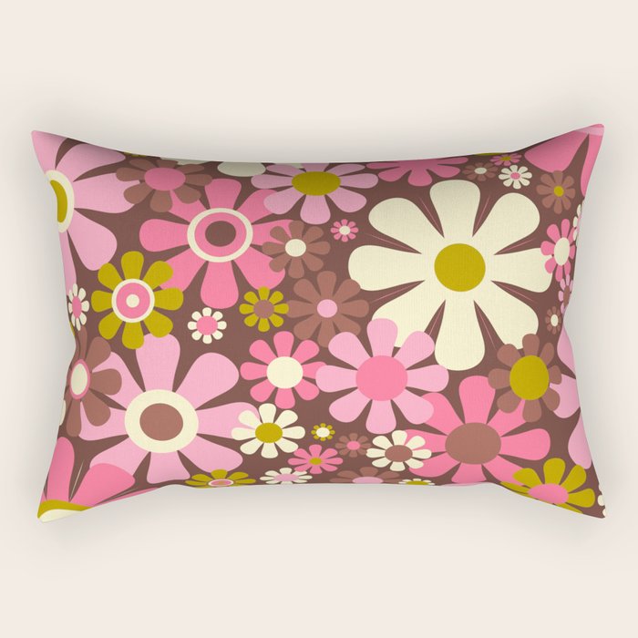 60s 70s Retro Floral Garden Cheerful Flower Pattern in Brown Pink Avocado Rectangular Pillow Gallery Image 2