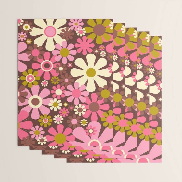 60s 70s Retro Floral Garden Cheerful Flower Pattern in Brown Pink Avocado Wrapping Paper Gallery Image 3