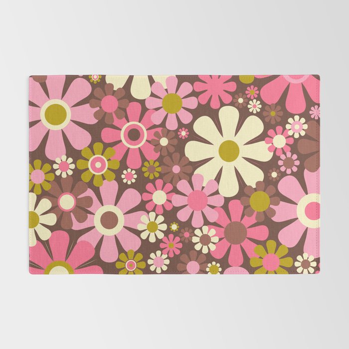60s 70s Retro Floral Garden Cheerful Flower Pattern in Brown Pink Avocado Rug Gallery Image 2