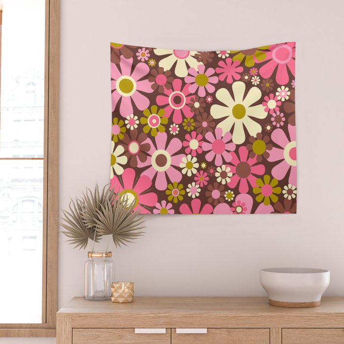 60s 70s Retro Floral Garden Cheerful Flower Pattern in Brown Pink Avocado Wall Tapestry Gallery Image 2