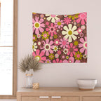 60s 70s Retro Floral Garden Cheerful Flower Pattern in Brown Pink Avocado Wall Tapestry Gallery Image 2