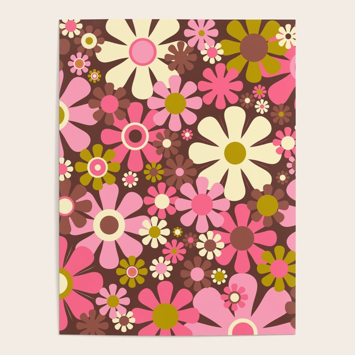 60s 70s Retro Floral Garden Cheerful Flower Pattern in Brown Pink Avocado Poster Gallery Image 4