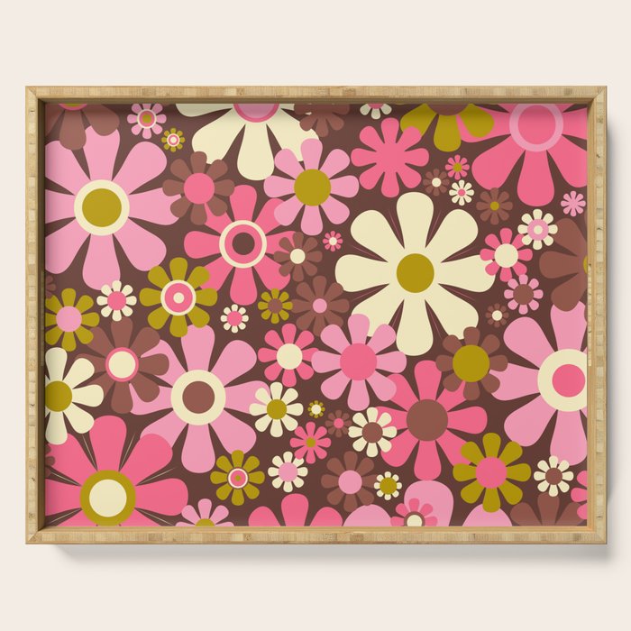 60s 70s Retro Floral Garden Cheerful Flower Pattern in Brown Pink Avocado Serving Tray Gallery Image 1