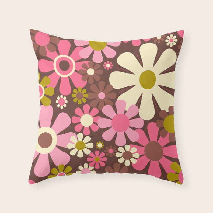 60s 70s Retro Floral Garden Cheerful Flower Pattern in Brown Pink Avocado Throw Pillow Gallery Image 1
