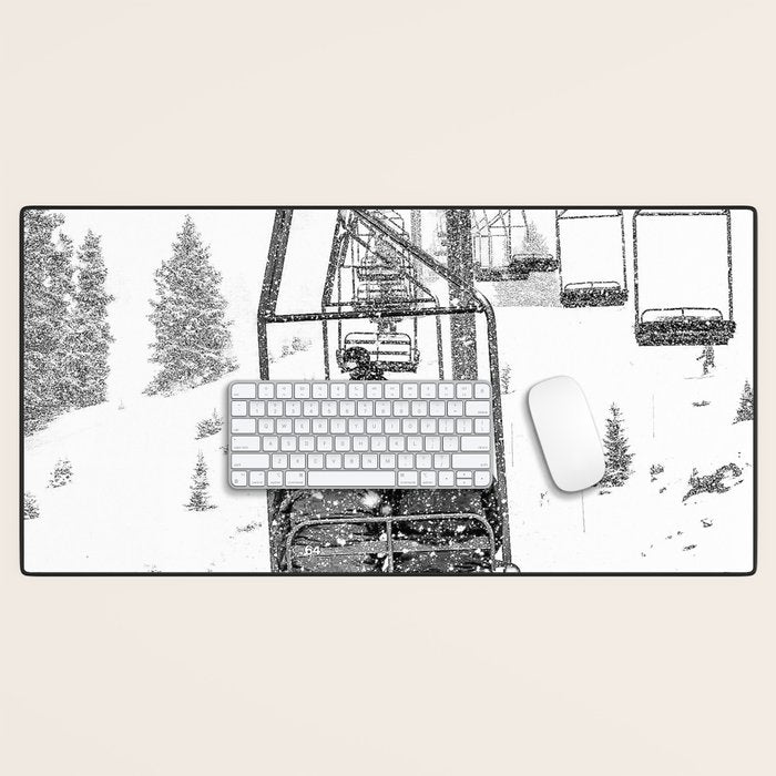 Snow Lift // Ski Chair Lift Colorado Mountains Black and White Snowboarding Vibes Photography Desk Mat Gallery Image 1