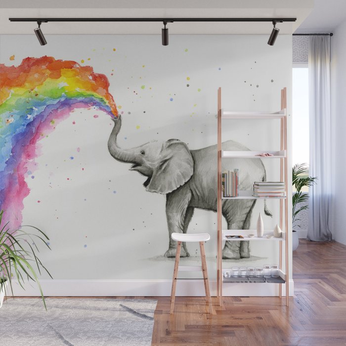 Baby Elephant Spraying Rainbow Wall Mural Gallery Image 1