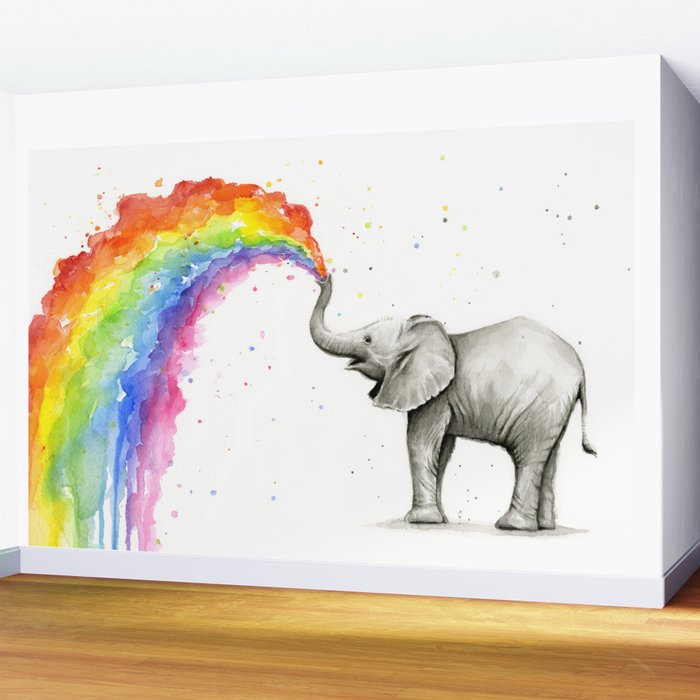 Baby Elephant Spraying Rainbow Wall Mural Gallery Image 2