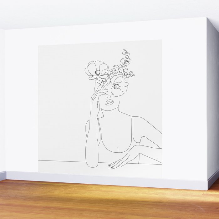 Minimal Line Art Woman with Flowers II Wall Mural Gallery Image 2