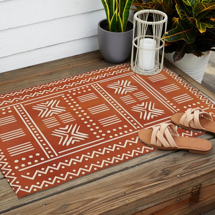 Geometric Tribal Pattern on Terracotta Outdoor Rug Gallery Image 2