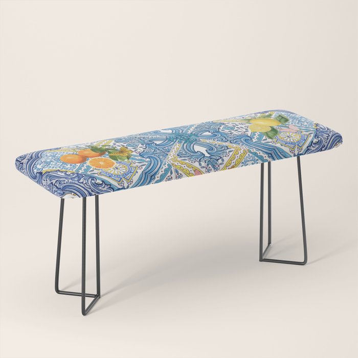 Sicilian Limones, italian mediterranean citrus fruit maiolica blue tiles Bench Gallery Image 1