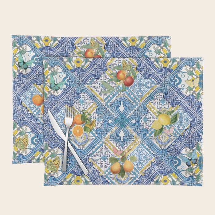 Sicilian Limones, italian mediterranean citrus fruit maiolica blue tiles Placemat Gallery Image 1