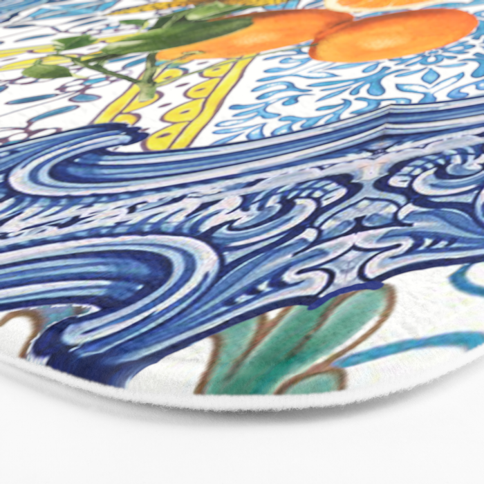 Sicilian Limones, italian mediterranean citrus fruit maiolica blue tiles Bath Mat Gallery Image 3