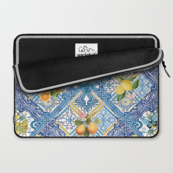 Sicilian Limones, italian mediterranean citrus fruit maiolica blue tiles Laptop Sleeve Gallery Image 2