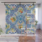 Sicilian Limones, italian mediterranean citrus fruit maiolica blue tiles Wall Mural Gallery Image 1