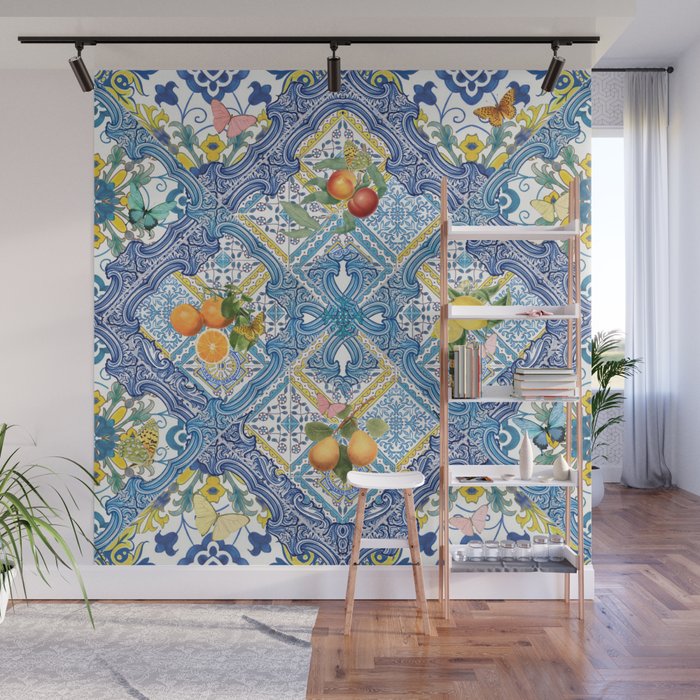 Sicilian Limones, italian mediterranean citrus fruit maiolica blue tiles Wall Mural Gallery Image 1