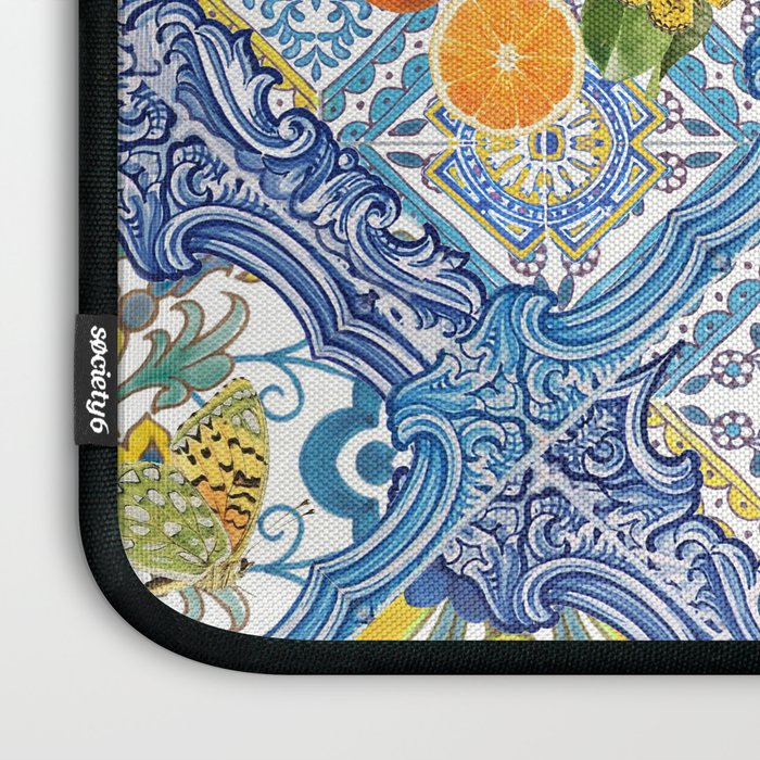 Sicilian Limones, italian mediterranean citrus fruit maiolica blue tiles Laptop Sleeve Gallery Image 3