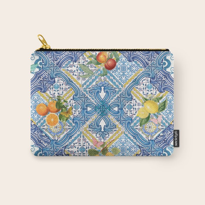 Sicilian Limones, italian mediterranean citrus fruit maiolica blue tiles Carry All Pouch Gallery Image 1