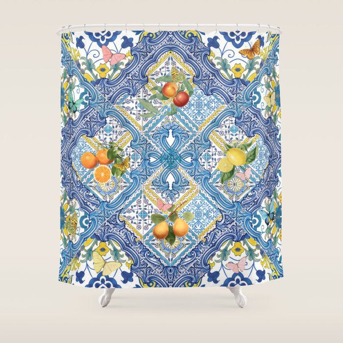 Sicilian Limones, italian mediterranean citrus fruit maiolica blue tiles Shower Curtain Gallery Image 1