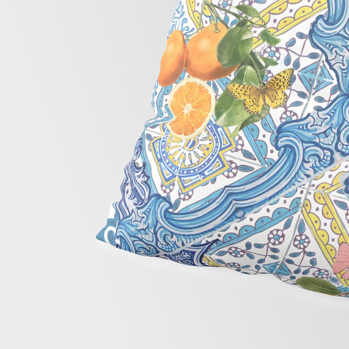 Sicilian Limones, italian mediterranean citrus fruit maiolica blue tiles Pillow Sham Gallery Image 4